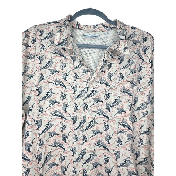 Columbia Shirt Mens XXL 2XL White Geometric PFG Fish Fishing Button Up Collared - Picture 3 of 16